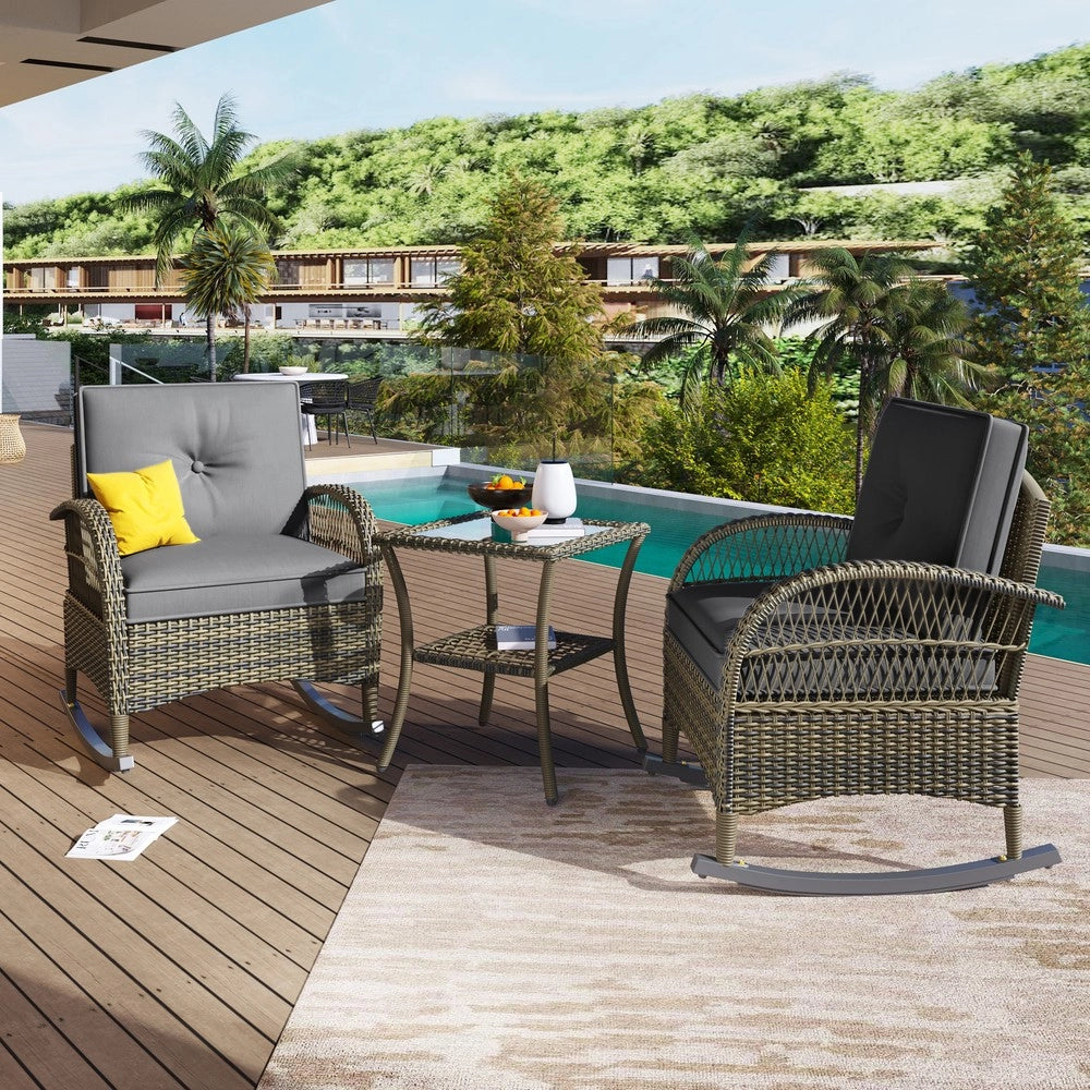 Set balcone 3 pezzi in rattan ¨C Minimal ¨C cuscini grigi, capacit¨¤ di carico 160 kg