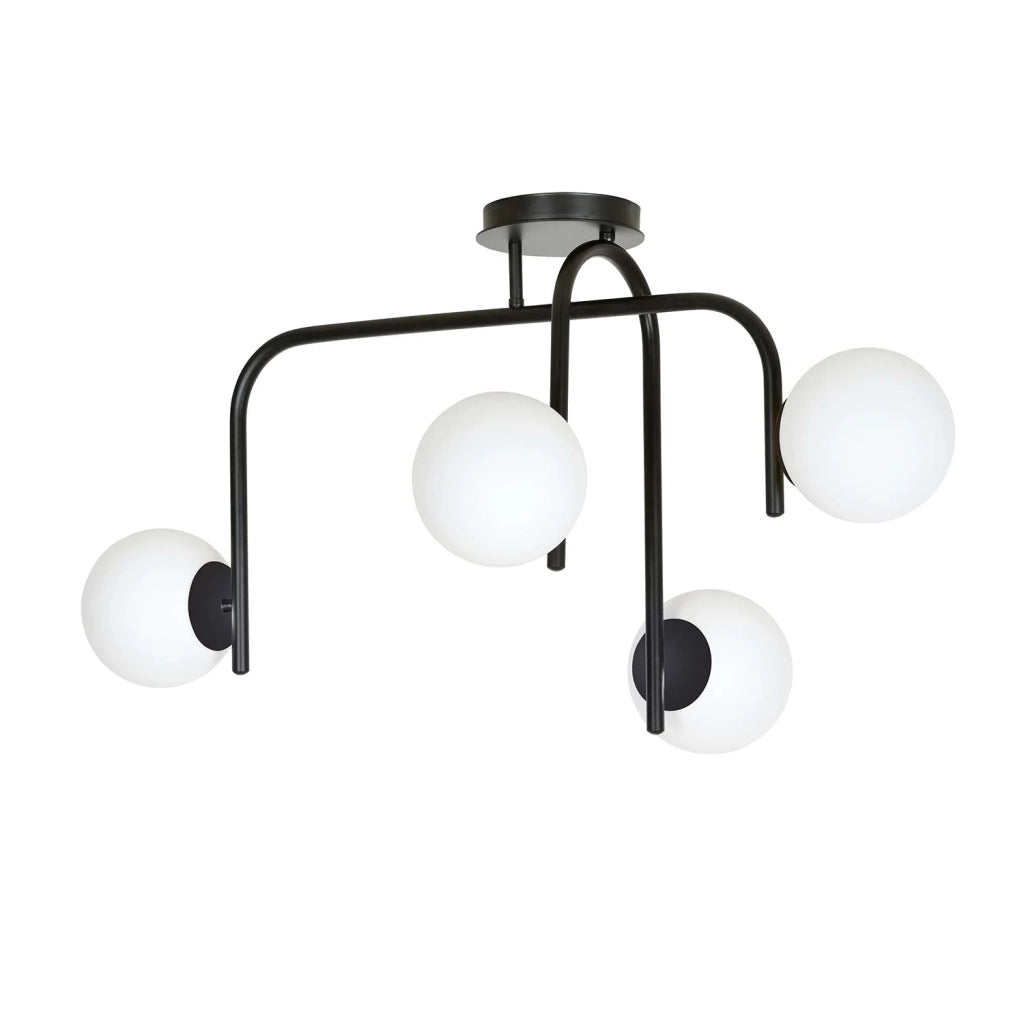 Lampadario 4 Luci Rama In Acciaio Nero A Bracci E Sfere In Vetro Opalino