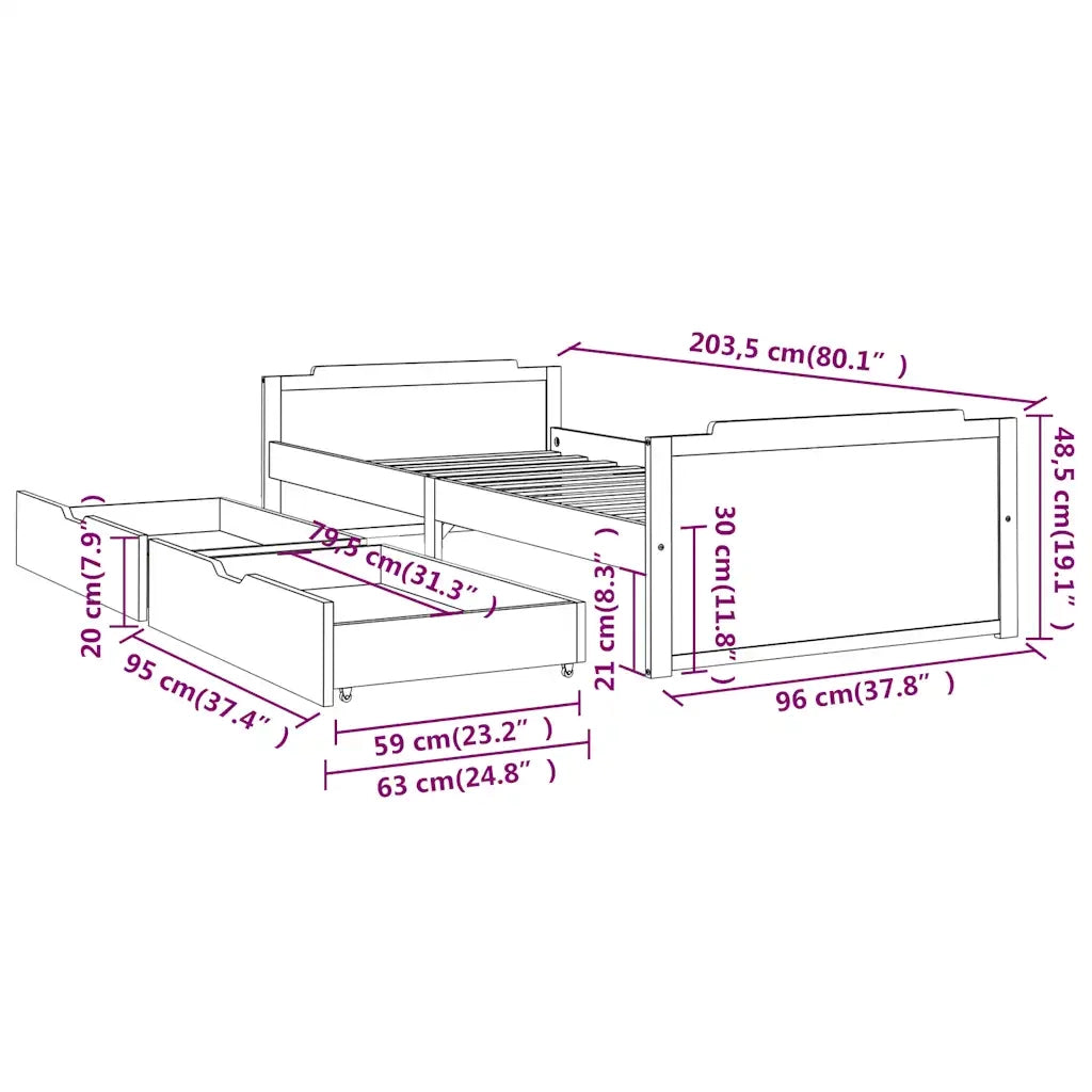 Giroletto con Cassetti in Legno Massello di Pino 90x200 cm 322159