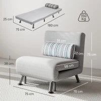 Poltrona Letto Singolo 3 in 1 con Schienale Reclinabile su 5 Livelli, Cuscino Imbottito e Materasso, Divano Letto Singolo Pieghevole per Soggiorno, in Acciaio e Lino, 75x70x75cm, Grigio Chiaro