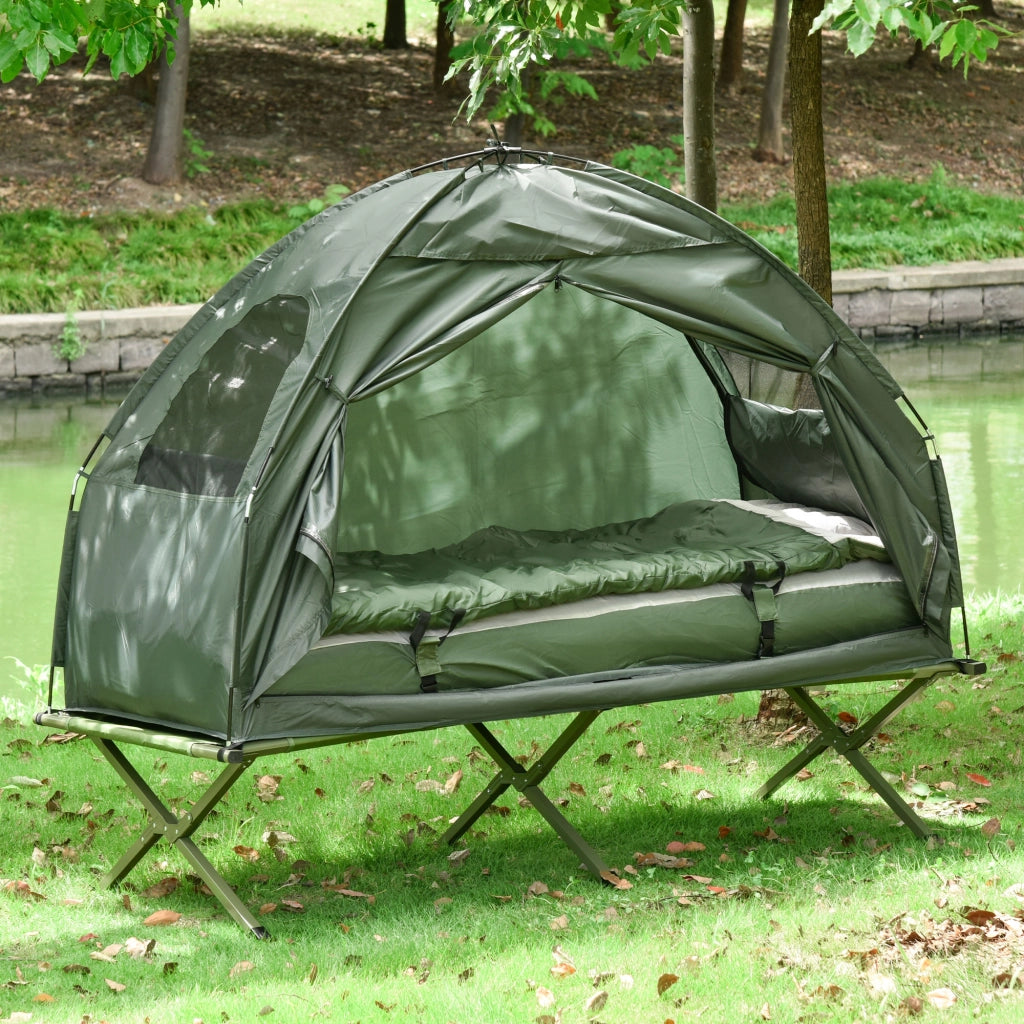 Set da campeggio 4 in 1 con tenda; sacco a pelo; materasso pieghevole verde scuro per avventure all'aperto