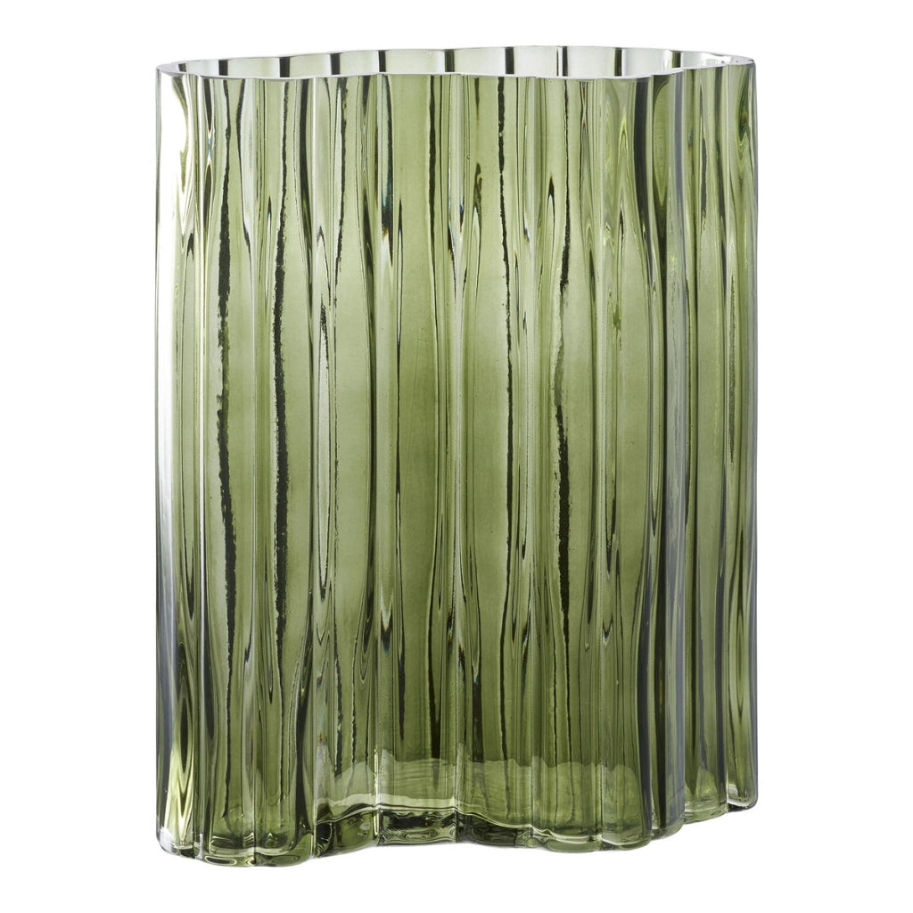Vaso in vetro fumé verde con texture costolata 21x12x26,5 cm