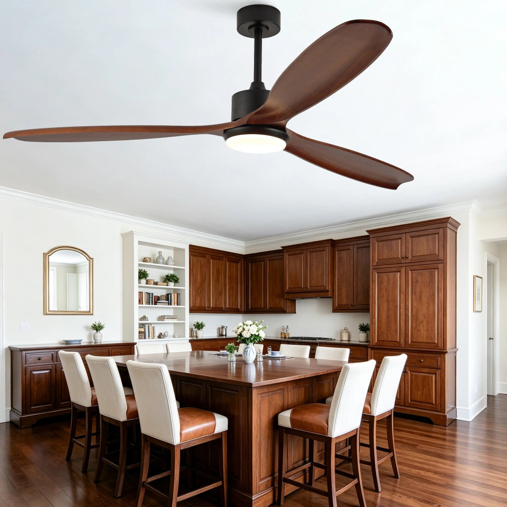 Ventilatore da soffitto 70" a 3 pale in legno massello con LED e telecomando