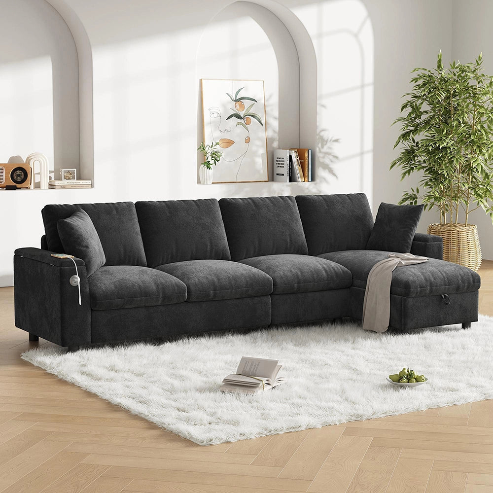 Divano angolare in L - Xylo - Chenille, USB-C, tavolo ribaltabile, grigio