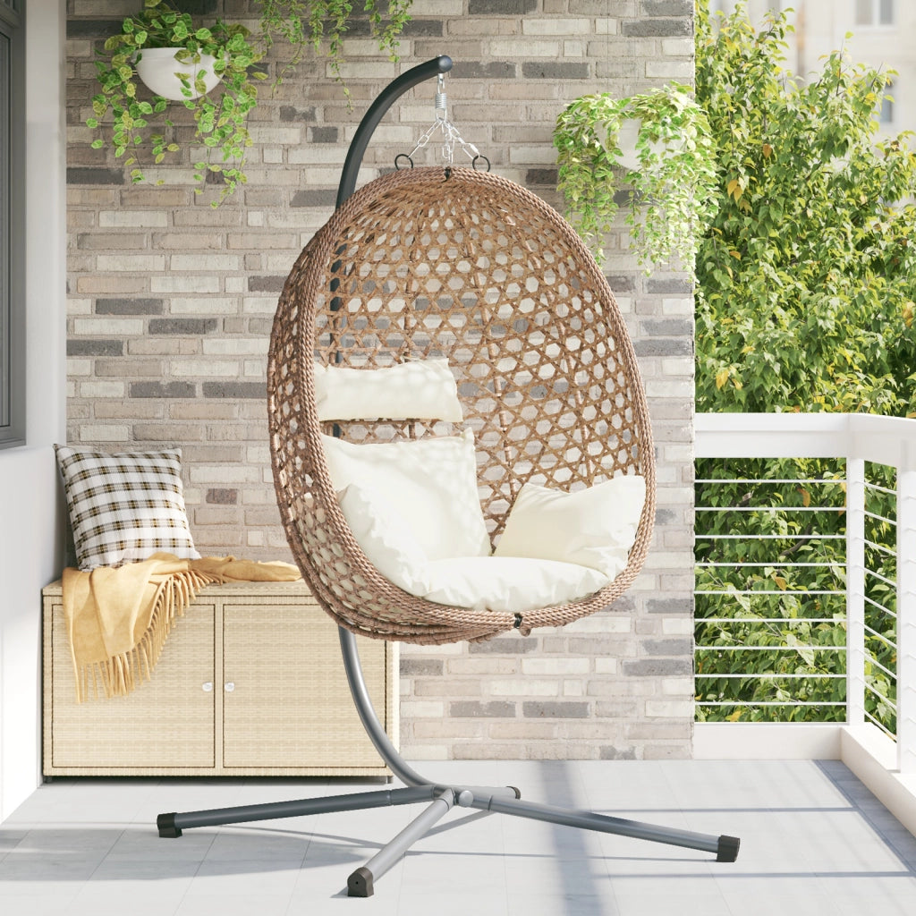 Sedia a Uovo Sospesa con Base e Supporto in Polyrattan CaffÃ¨