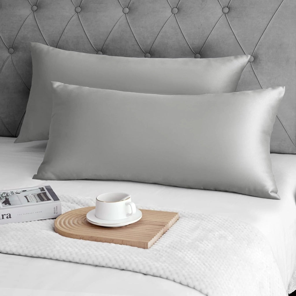 Set di 2 Federe in Raso per Cuscini, Copricuscini da Letto Morbidi e Setosi 40 x 80 cm, Ipoallergenici, Antiacaro, Protezione per Capelli e Pelle, Grigio