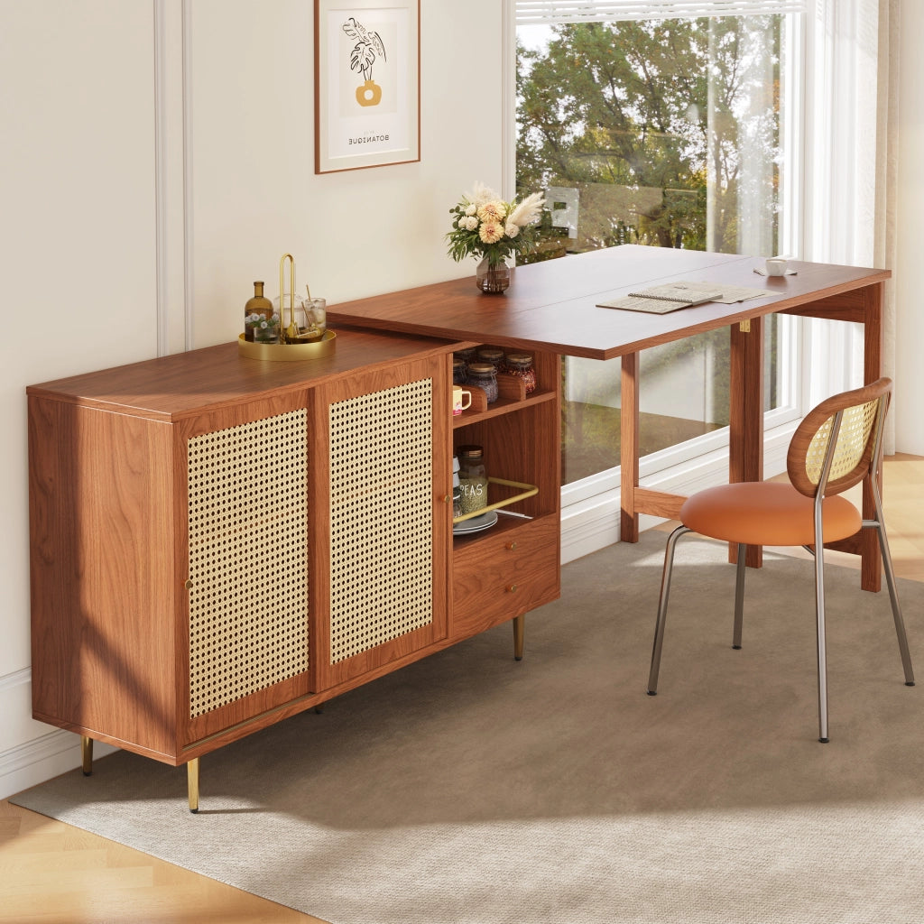 Tavolo da Pranzo Girevole 360¡ã con Ante Rattan e Ripiani ¨C Xylo ¨C Marrone, 107x40x71 cm