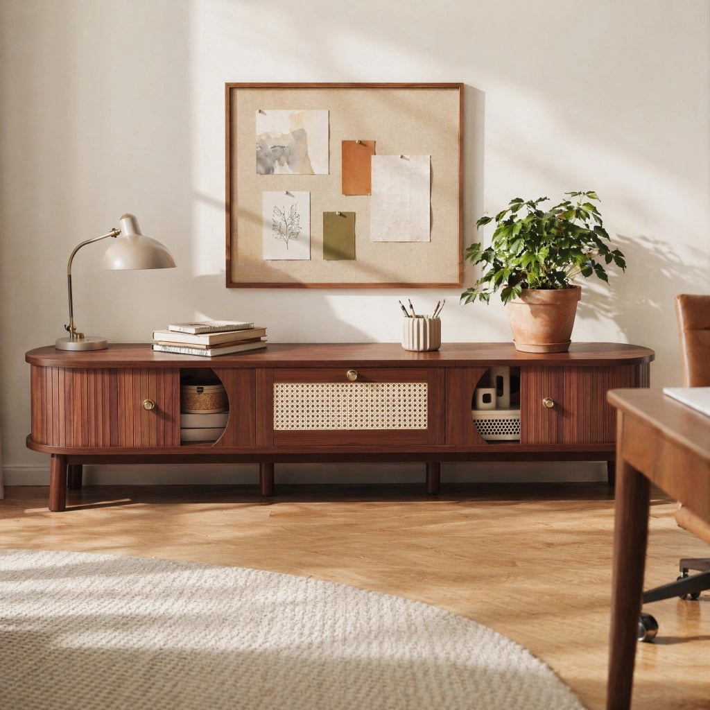 Mobile TV 170 cm in legno e rattan con ante e cassetti