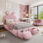 Letto imbottito singolo con orecchie da coniglio, luci LED regolabili e 2 pouf contenitore