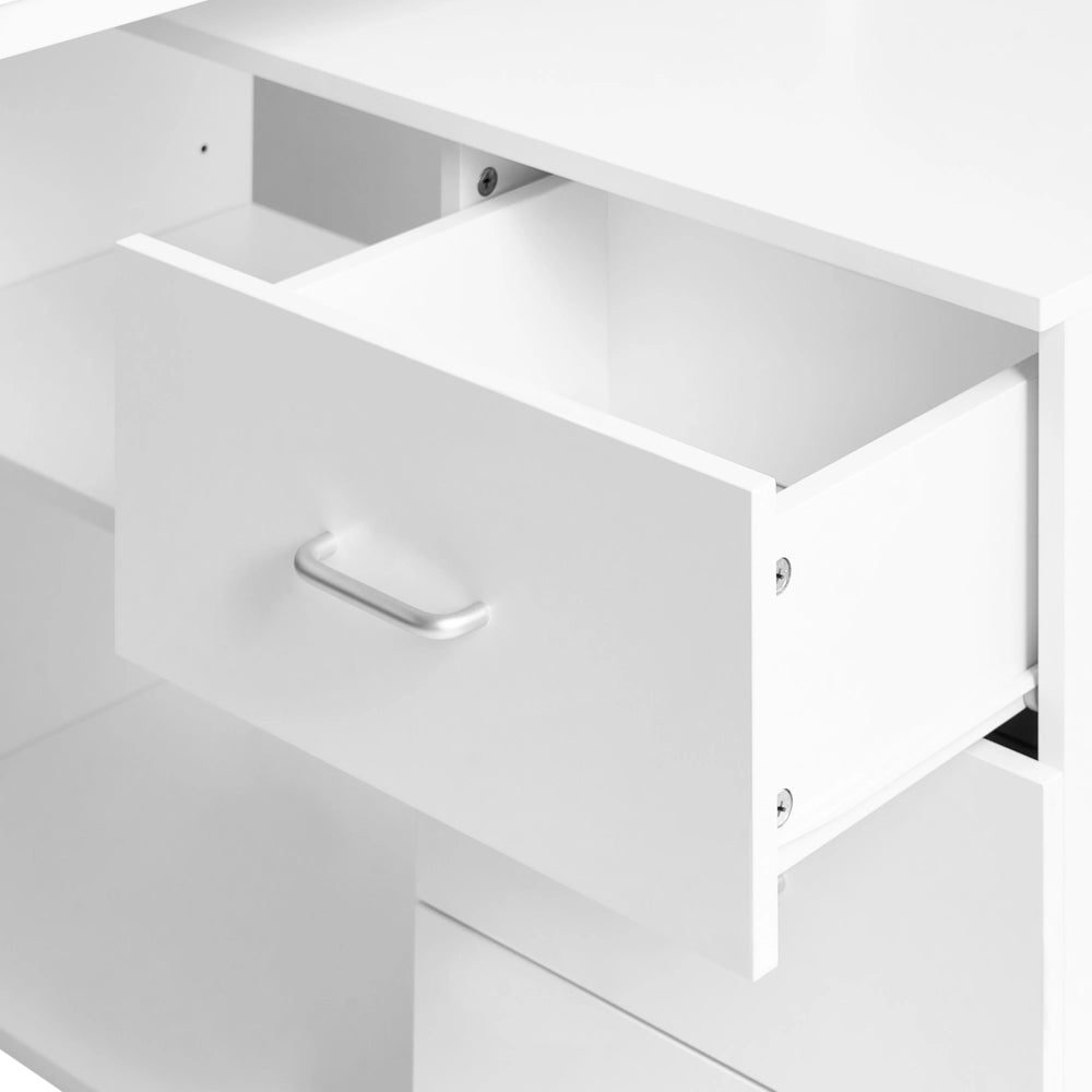 Scrivania da ufficio domestico angolare con 2 ripiani e 3 cassetti Pannello truciolare Gambe in ferro 140 x 100 cm Bianco