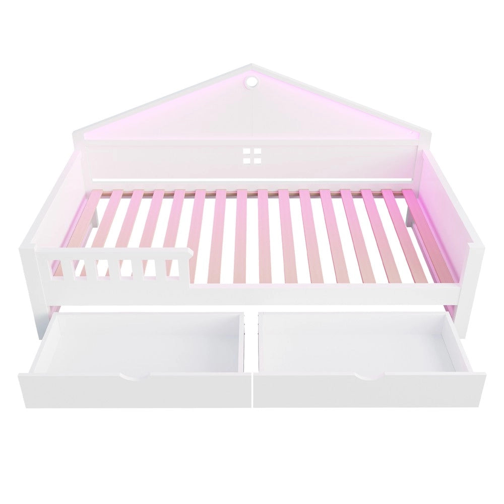 Letto singolo con cassetti e rete a doghe e LED ¨C Minimal ¨C bianco 90x200 cm