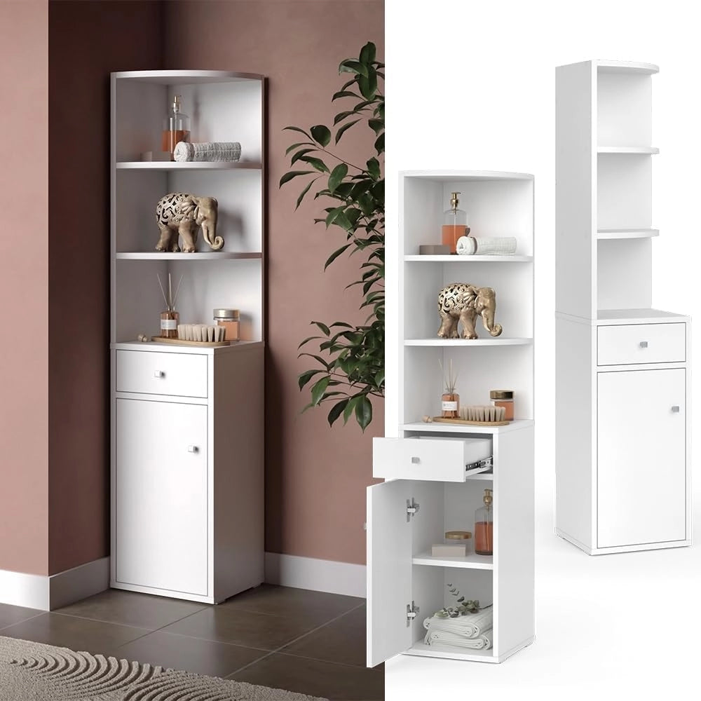 Scaffale d'angolo Larry, Bianco, 30 x 135.5 cm con anta e cassetto, per riporre libri e decorazioni negli angoli