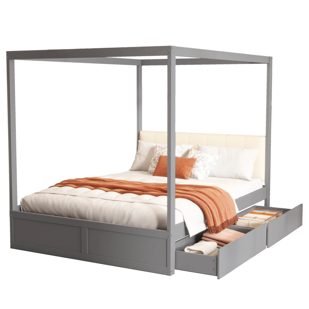Letto a tenda grigio 140 x 200 cm con cassetti e schienale imbottito