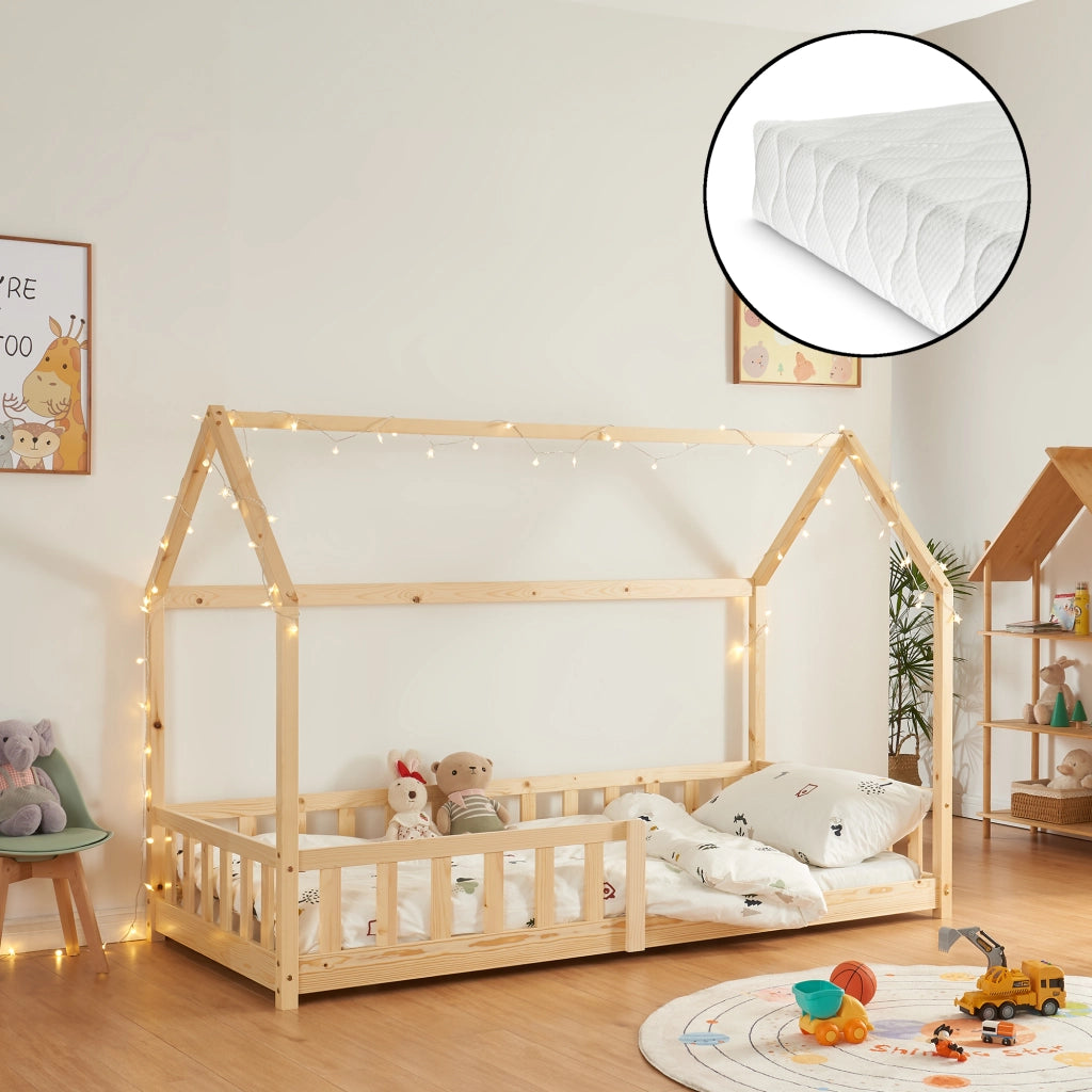 Letto Singolo Hesel per Cameretta Forma di Casetta con Materasso 90 x 200 cm Naturale [en.casa]