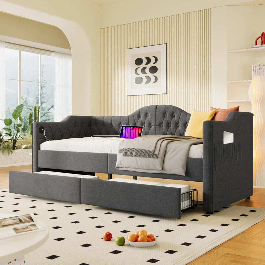 Letto singolo a daybed 90x200 cm in tessuto lino grigio con USB Type C e 2 cassetti