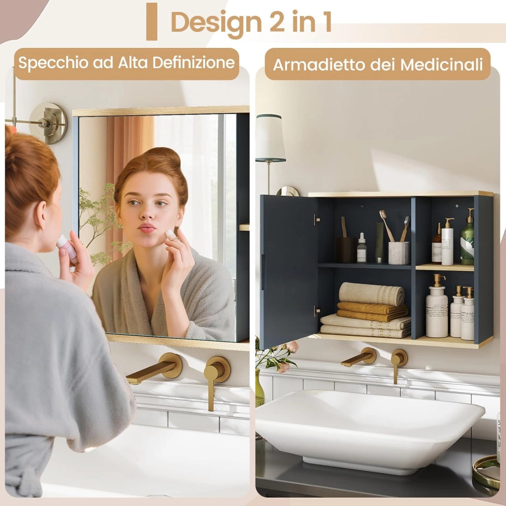 Armadio da Bagno con Specchio, Mobile da Parete con Porta Specchiata, Ripiano Regolabile e Scomparti Laterali Aperti, Mobile Salvaspazio per Soggiorno