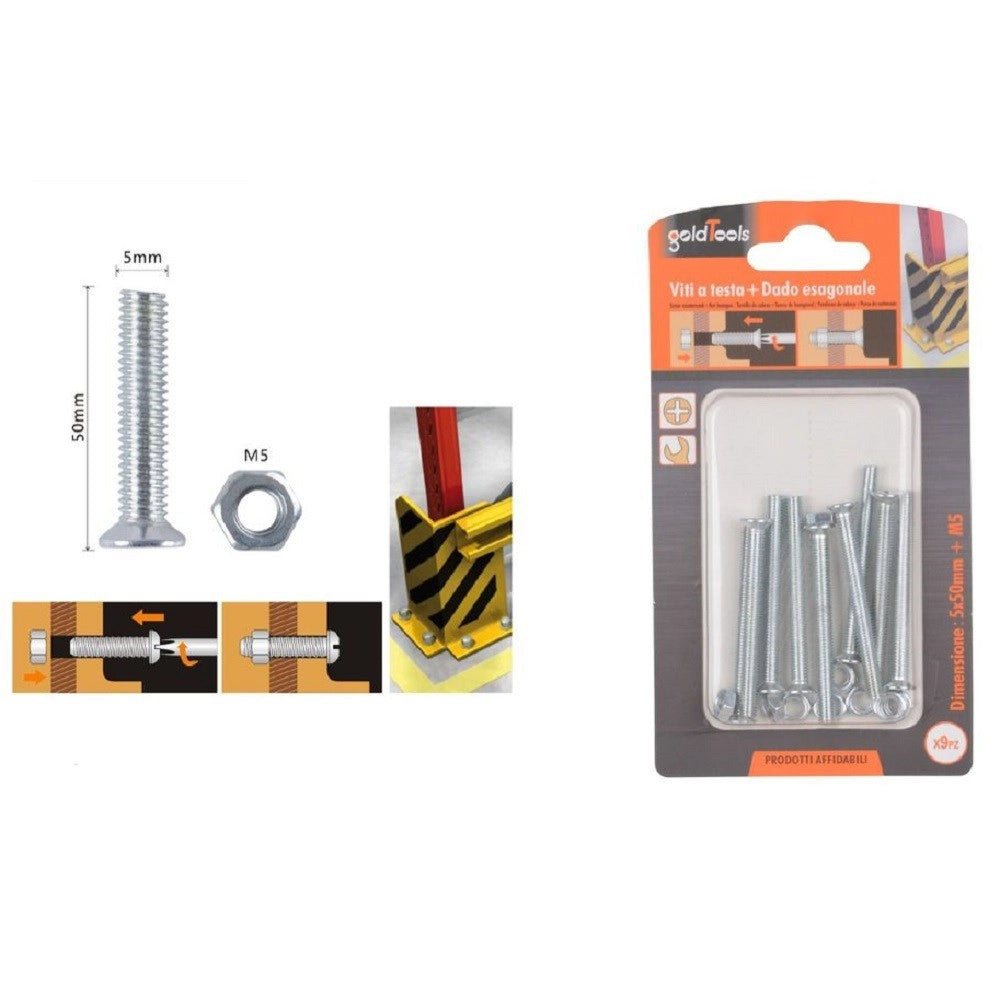 Trade Shop - Set 9 Pezzi Viti Vite Testa A Croce Piatta 5 X 50 Mm Con Dado Esagonale M5 90942 -