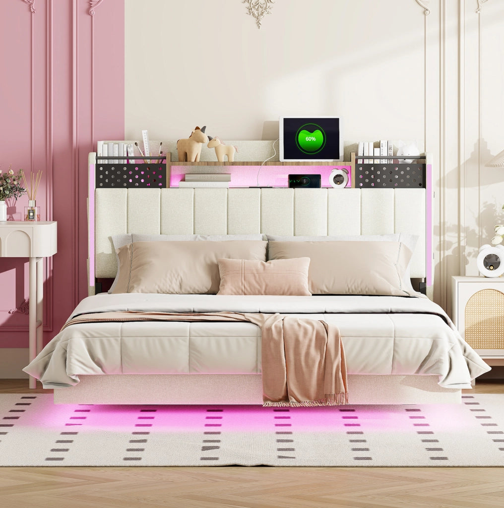 Letto imbottito 140x200 cm beige con LED, USB e contenitore