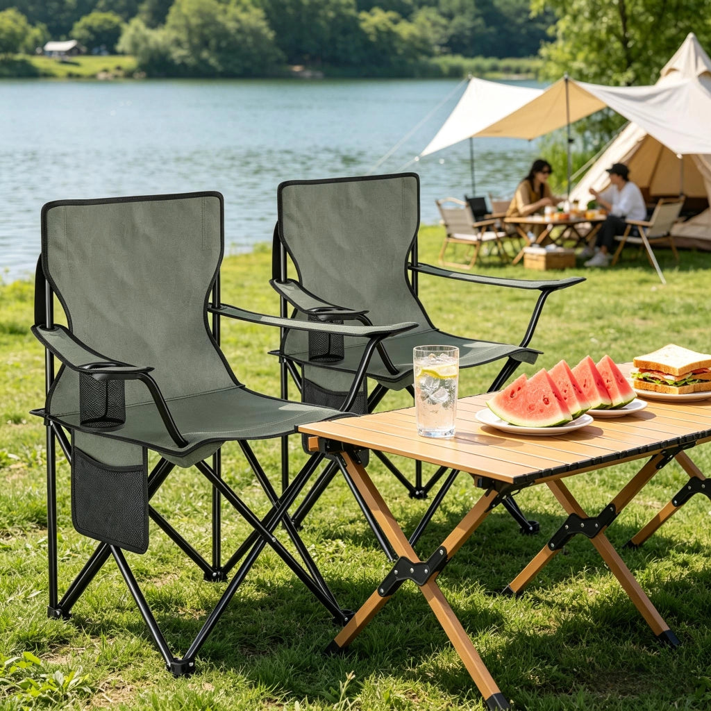 SEDIA da campeggio pieghevole set da 2 pezzi con portabicchieri 47x76x80,5 cm grigio scuro