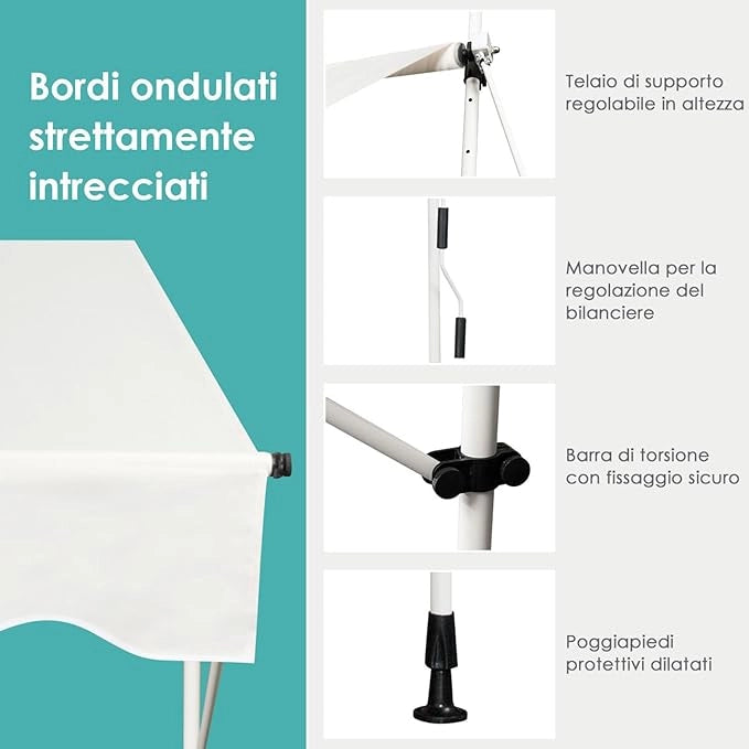 Tenda da Sole per Balcone, Tenda da Sole a Morsetto per Esterno, Regolabile in Altezza, Telaio Telescopico Senza Forare, Telo Resistente ai Raggi Solari (350 cm, Beige)