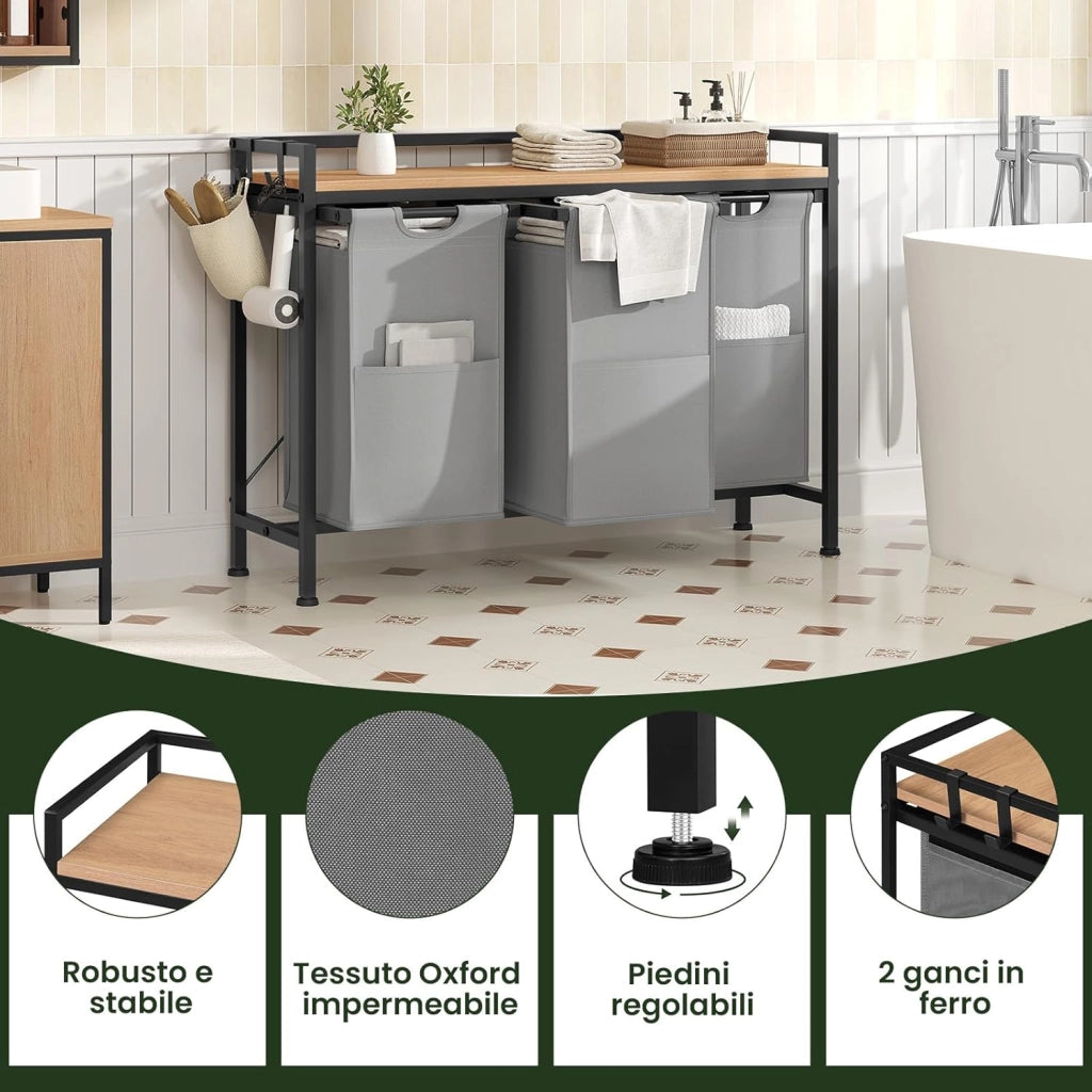 Cesto Portabiancheria, 3 Sacchi in Tessuto Oxford Rimovibili, Porta Biancheria, Struttura in Metallo, per Bagno e Lavanderia, 96x30x71cm, Capacità 40L per Cesto