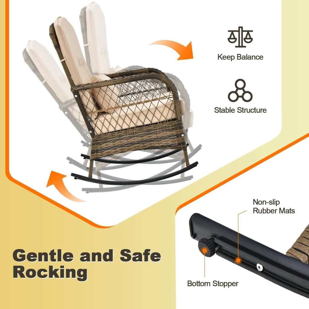 Set di Sedie a Dondolo in Rattan per Balcone, 3 Pezzi Mobili da Giardino con 1 Tavolino e 2 Sedie a Dondolo, Marrone Chiaro