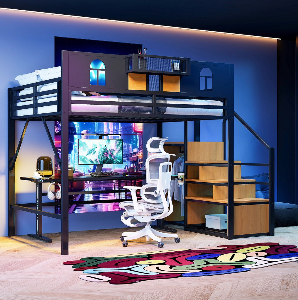 Letto a soppalco in metallo 140x200 cm con scala contenitore; ripiano laterale e colore nero
