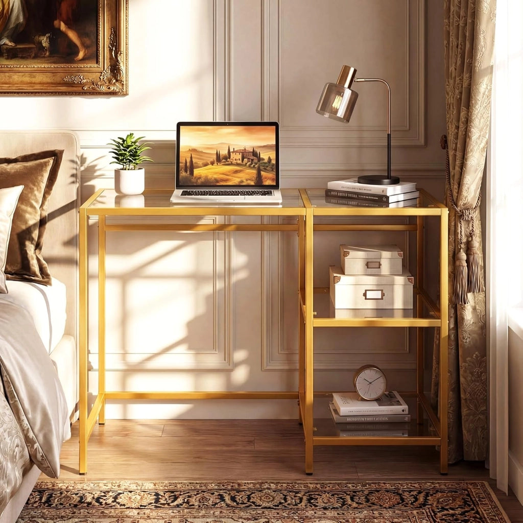 Scrivania in Vetro Temperato 106 x 51 x 77 cm, Tavolo PC Multifunzionale Salvaspazio con 2 Ripiani, Consolle Trucco Moderna per Camera da Letto, Studio, Ufficio e Soggiorno (Oro)