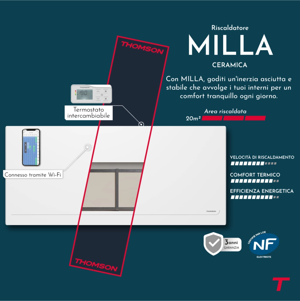 Radiatore elettrico Thomson WiFi con inerzia in ceramica e termostato intercambiabile, 2000W Milla