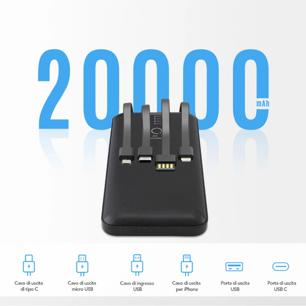 Trade Shop - Power Bank 20000mah Caricabatterie Portatile Veloce Con 4 Cavi Usb Carica Rapida -