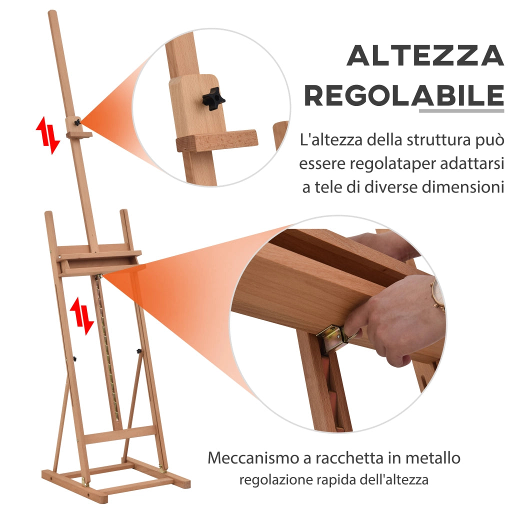 Cavalletto da Pittore Regolabile in Legno di Faggio con Vano Contenitore, 53x50.5x171-230cm