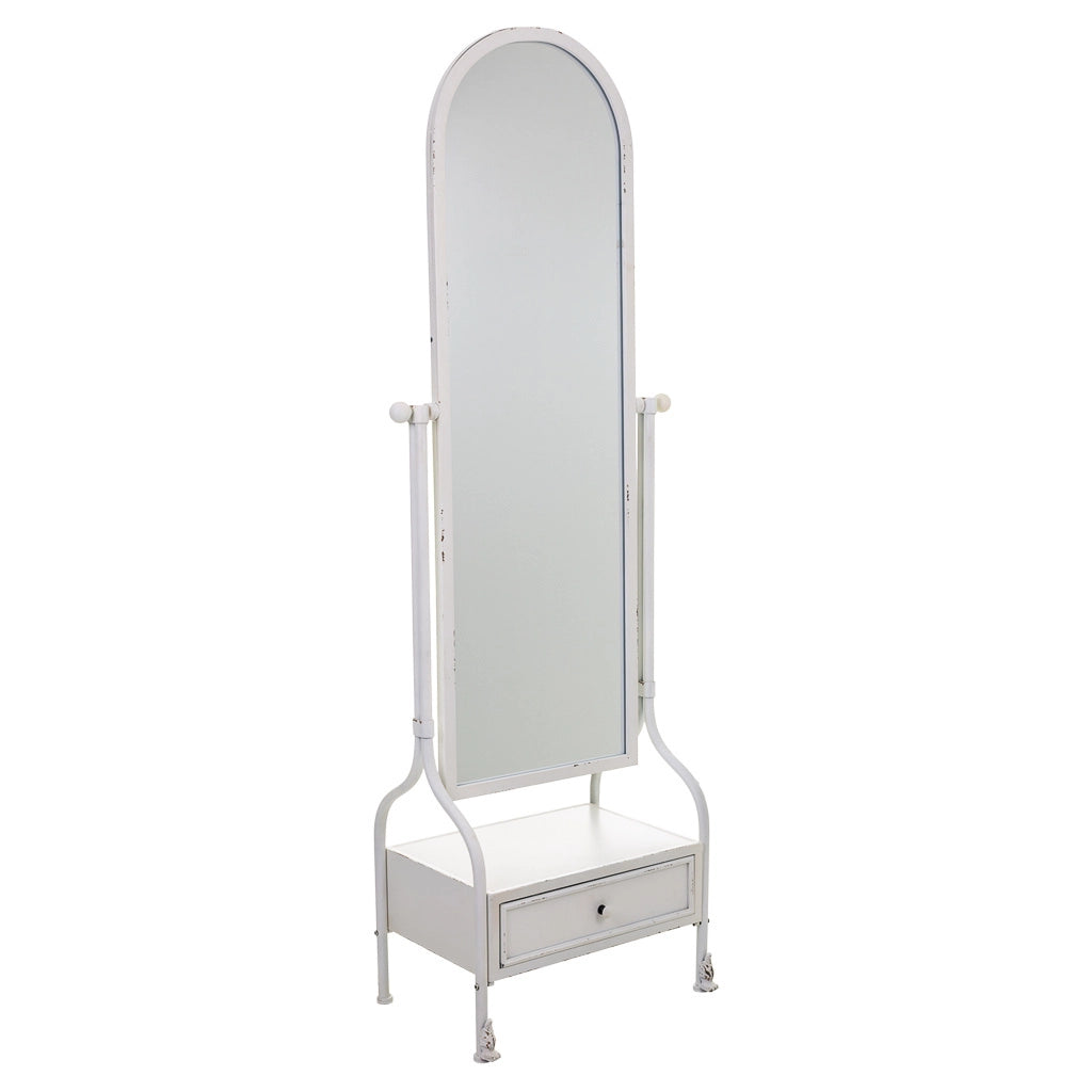 Specchio da terra e cassetto in metallo bianco 65x38x184h