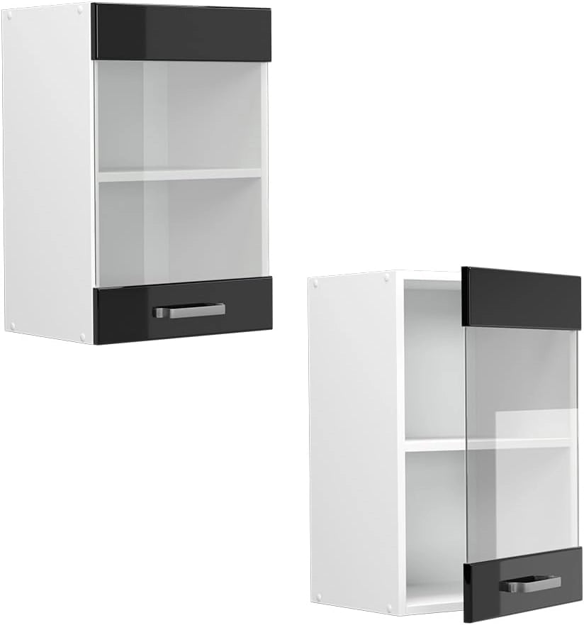 Mobile da cucina in vetro R-Line, Nero lucido, 40 cm, per la libera combinazione all'interno di sistemi cucina modulari