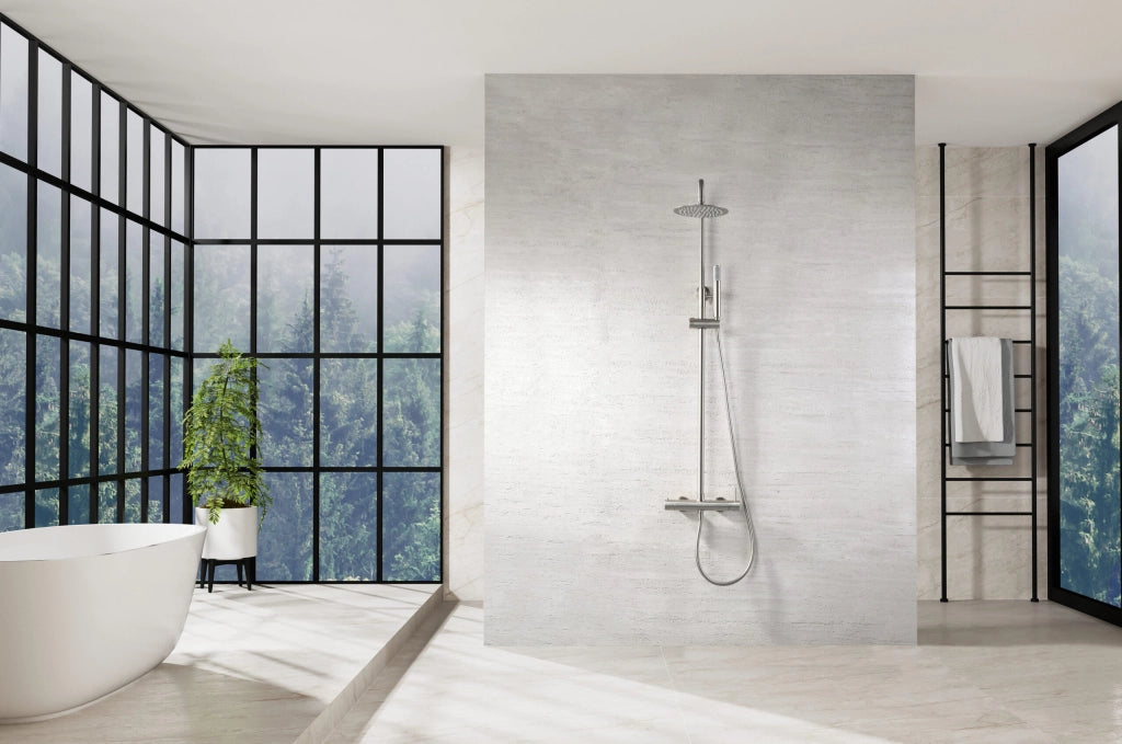 IMEX Colonna Doccia Miscelatore Monza Monocomando, Asta Estensibile, Soffione 20 cm Anticalcare, Cartuccia Ceramica 35 mm, Acciaio/Ottone, Nikel Spazzolato, Imex-BDM039-NQ