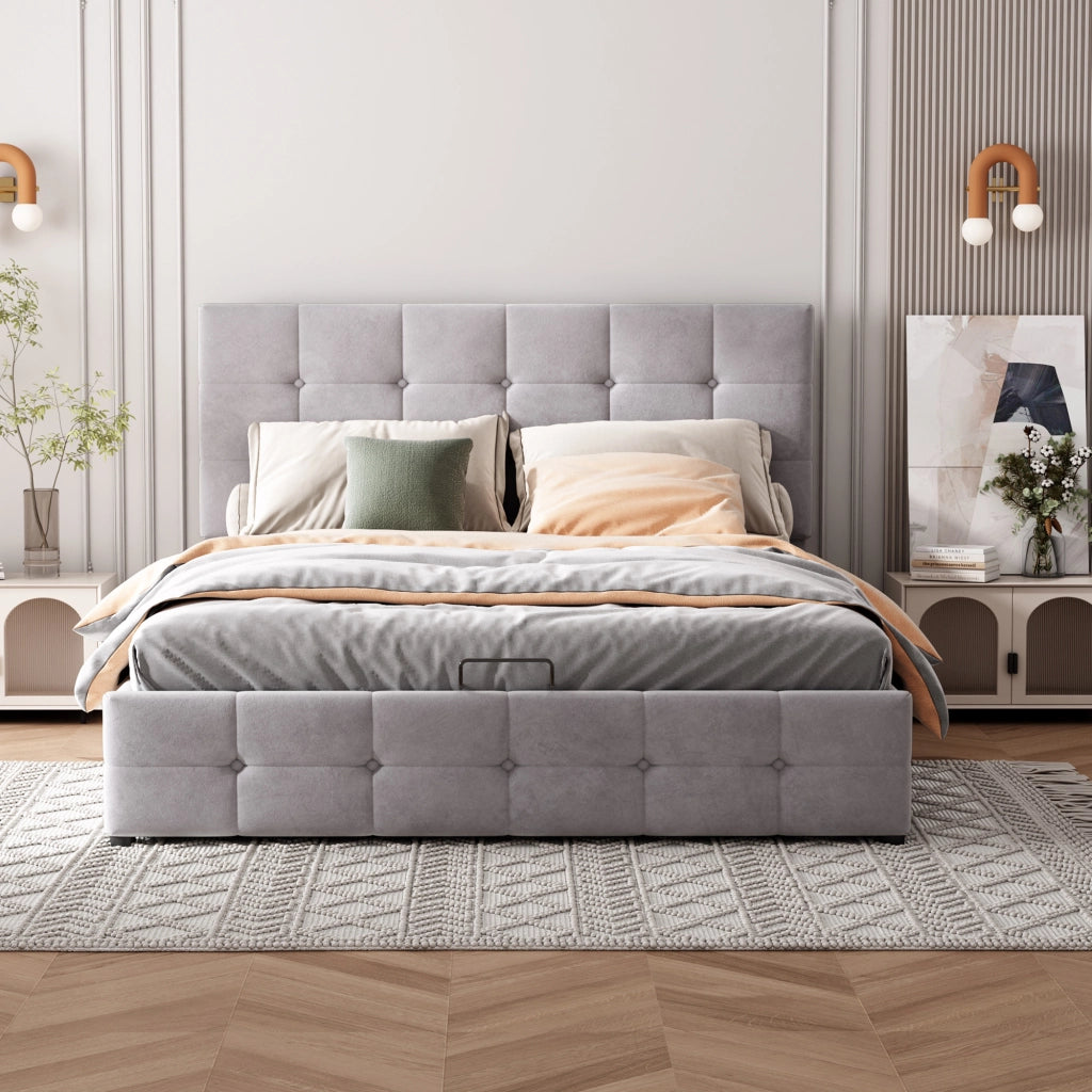 Letti contenitori 140x200 cm con contenitore idraulico; velluto grigio (Senza materasso)