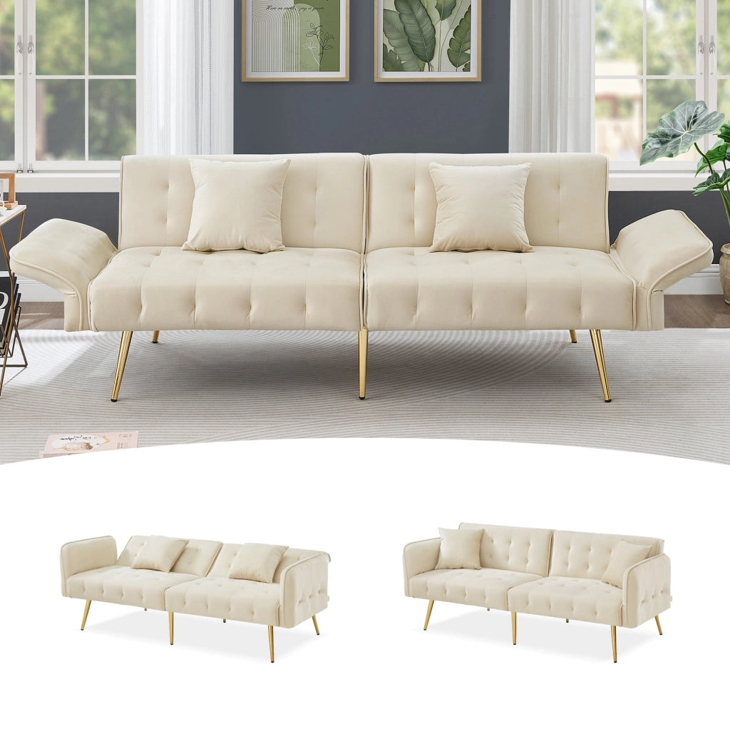 Divano letto a 2 posti 215x81.5 cm con schienale e braccioli regolabili in velluto beige