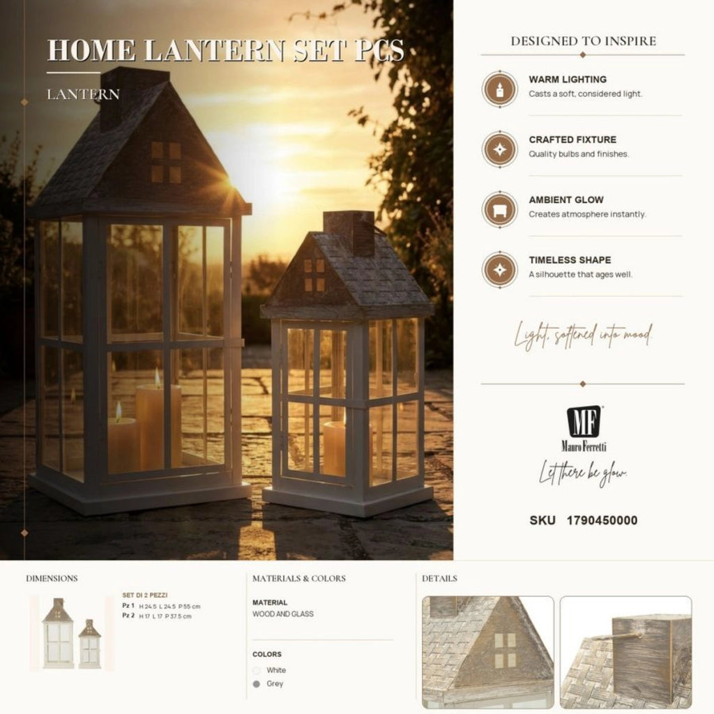Set di due lanterne Home in legno e metallo con tetto spiovente
