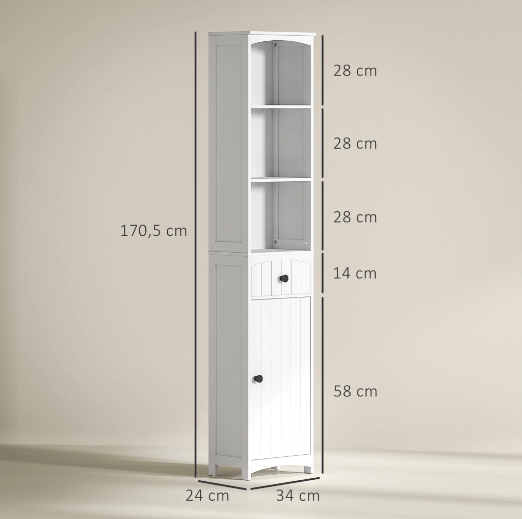 Colonna bagno compatta in MDF bianco con cassetto e 3 ripiani