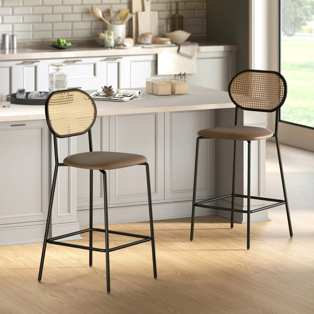 Sgabello da Bar con Schienale in Rattan e Poggiapiedi ¨C Zephmum ¨C Marrone