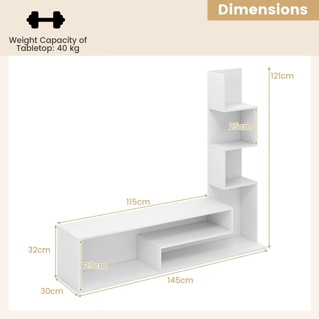 Mobile TV per TV da 50 pollici, mobile TV con 2 ripiani a forma di L, 3 scomparti di stoccaggio, alto spazioso, carico 40 kg, per soggiorno, camera da letto, 145 x 30 x 121 cm (bianco)