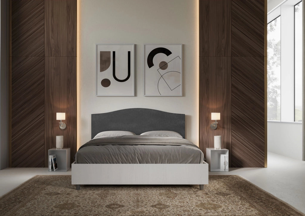 BS COM Letto matrimoniale contenitore 160x190 bianco frassino testata microfibra grigio