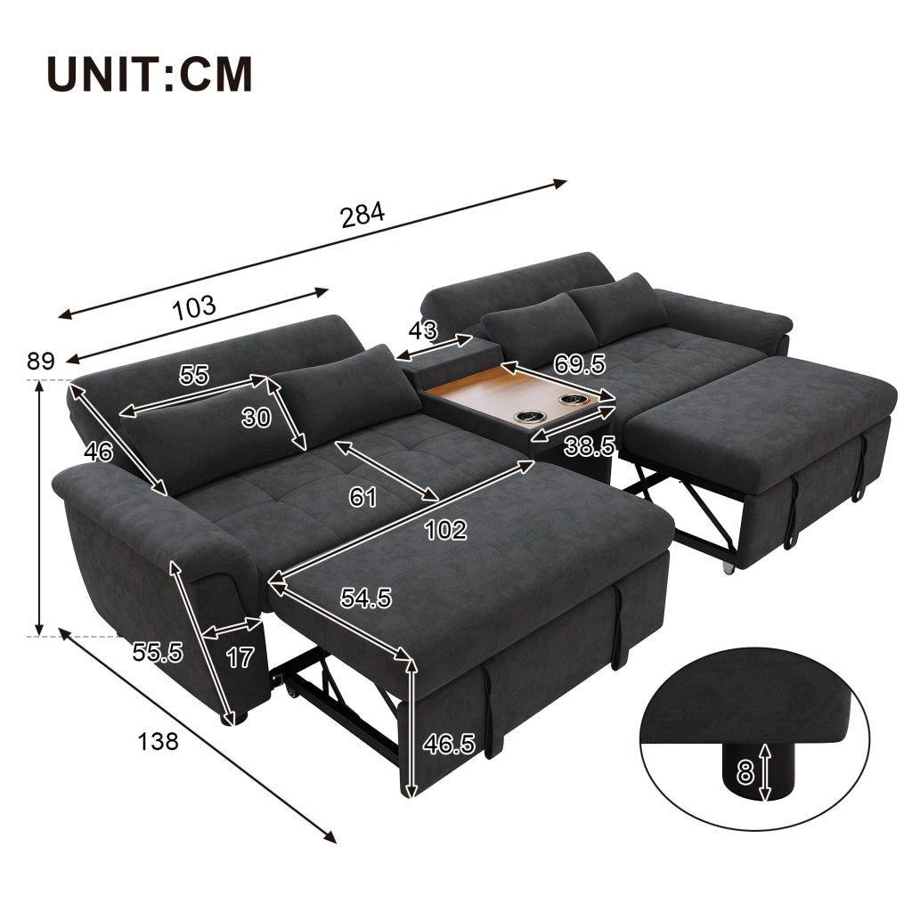 Divano letto estraibile con schienale regolabile e portabicchieri in chenille grigio scuro