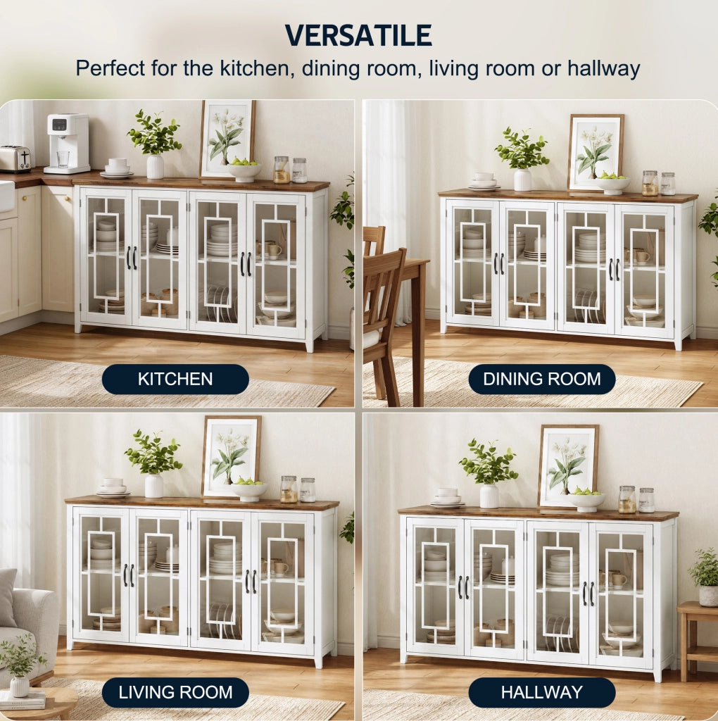 Credenza cucina 160 cm con ante in vetro; struttura in MDF bianco; design moderno