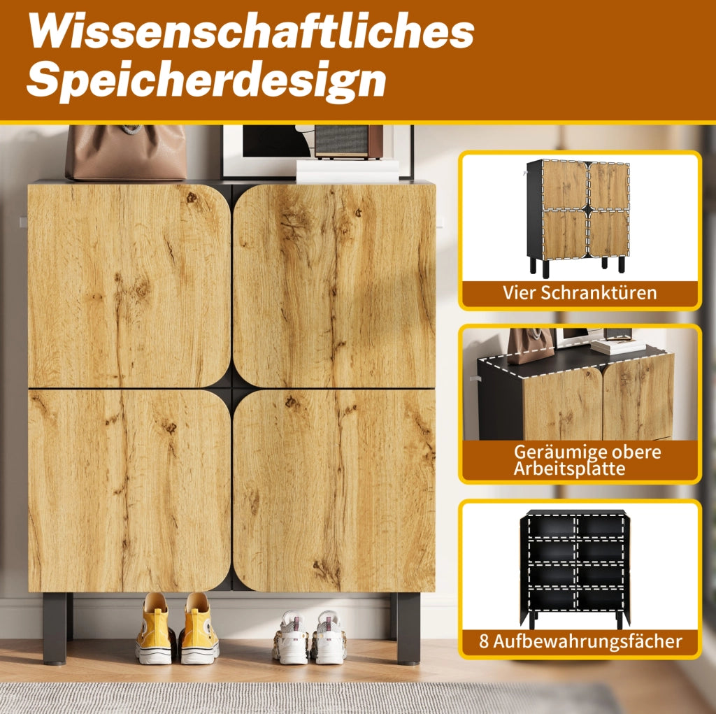Scarpiera a 4 ante con ripiani regolabili; cerniere soft-close; MDF; nero e naturale