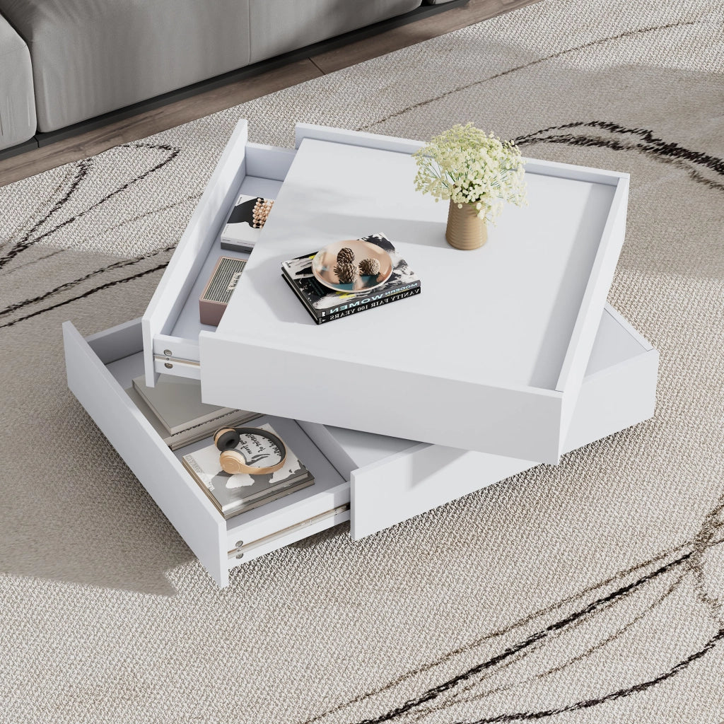 Tavolino da caffè girevole 360°, bianco, con 2 cassetti e vano contenitore, 60×60×38 cm