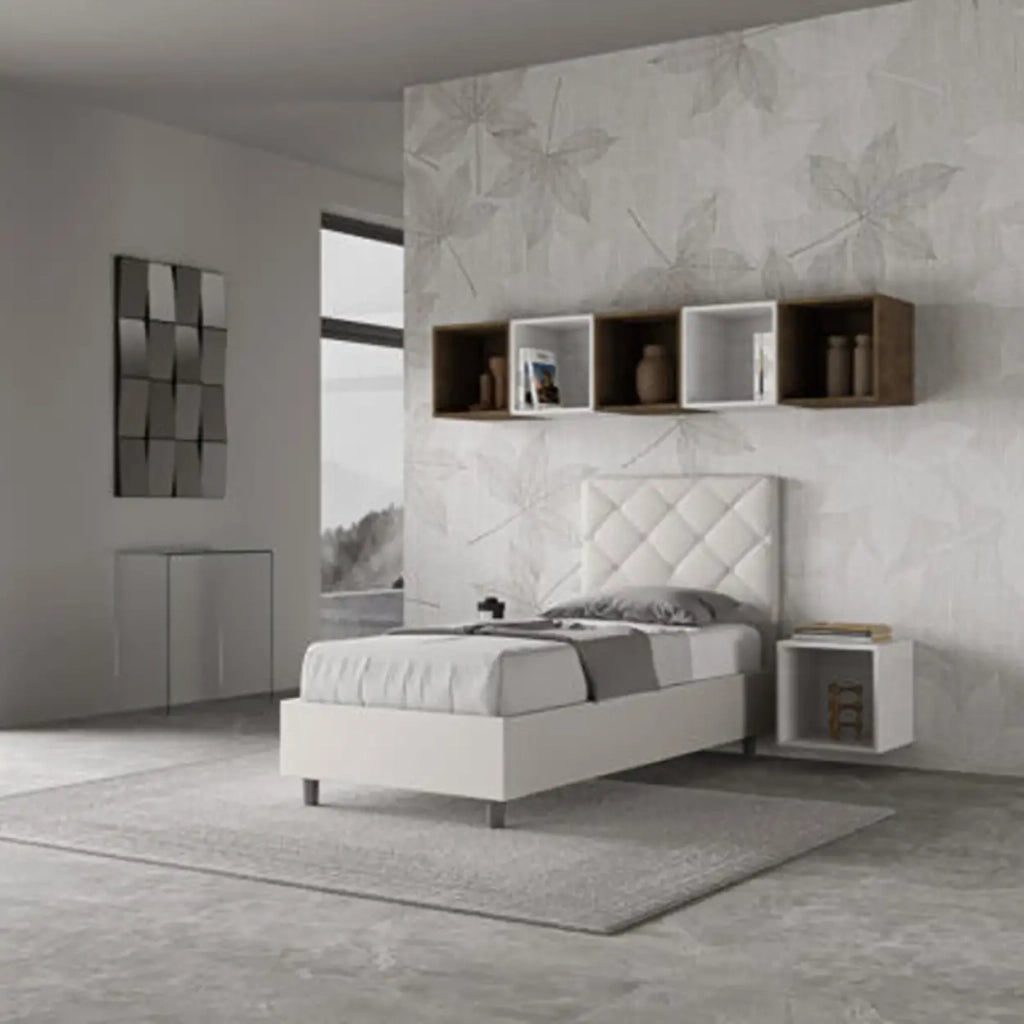 Letto singolo contenitore imbottito 90x210 similpelle bianco Priya