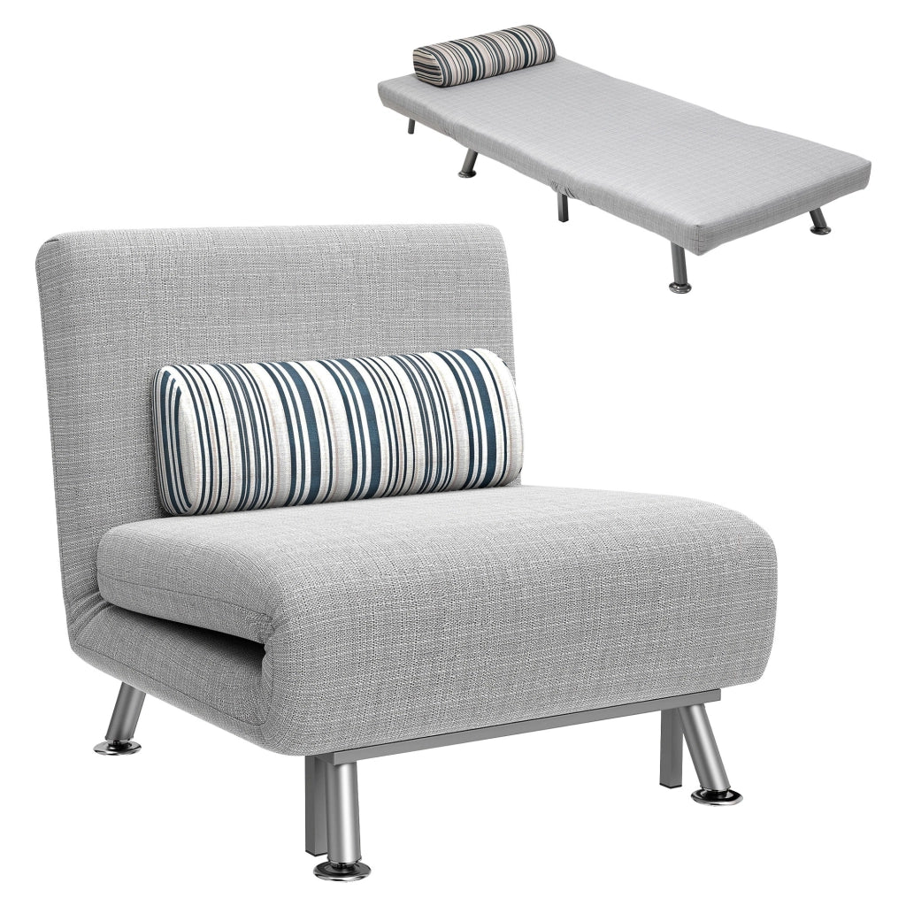 Letto Singolo Pieghevole con Materasso e Schienale Reclinabile ¨C Zephmum ¨C Grigio Chiaro, Acciaio e Lino, 75x70x75