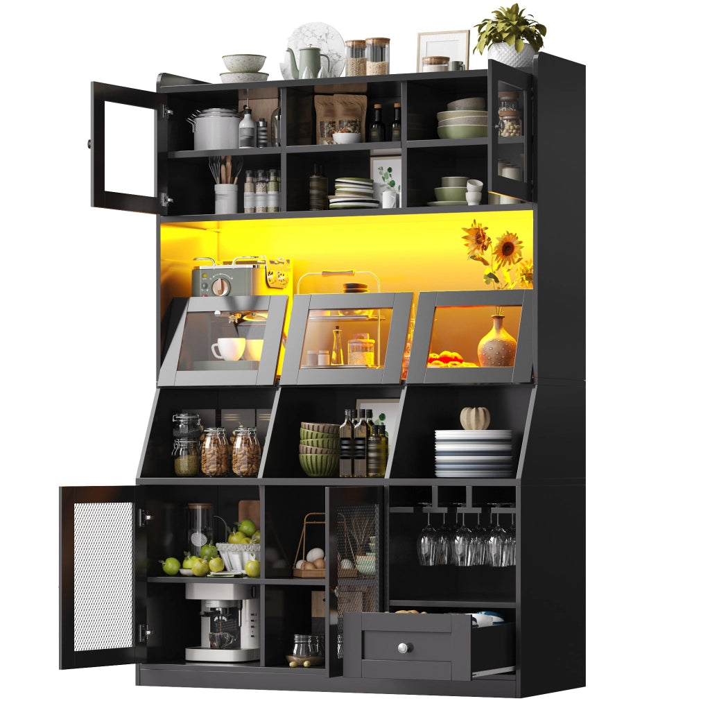 Dispensa da cucina con anta in vetro; LED e USB; per cucina; in MDF; 120x40x181.7 cm; nero
