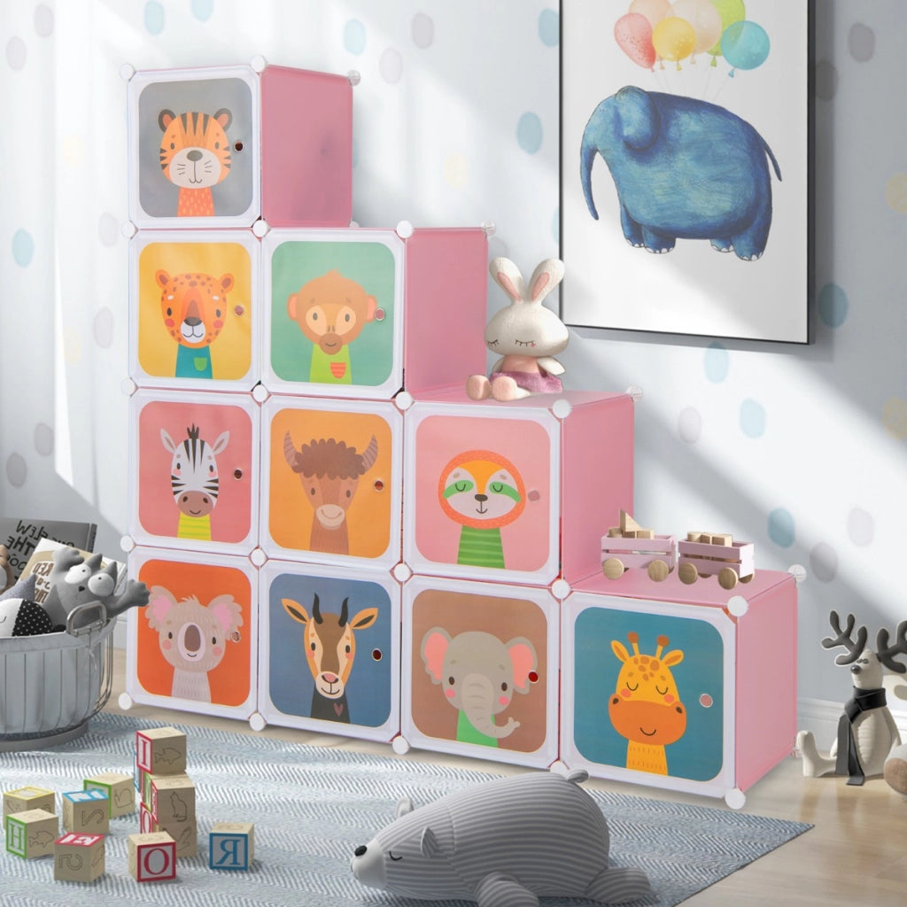 Armadio portatile per bambini, Armadio con 12 cubi con 2 sezioni appendibili com¨° con cartoon Rosa-Scaffalature