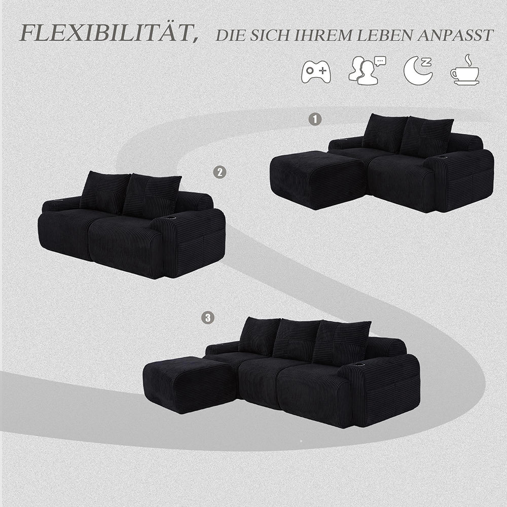 Canap¨¦ modulabile in velluto costato per 3 persone - Xylo - Portabicchieri e tasche laterali